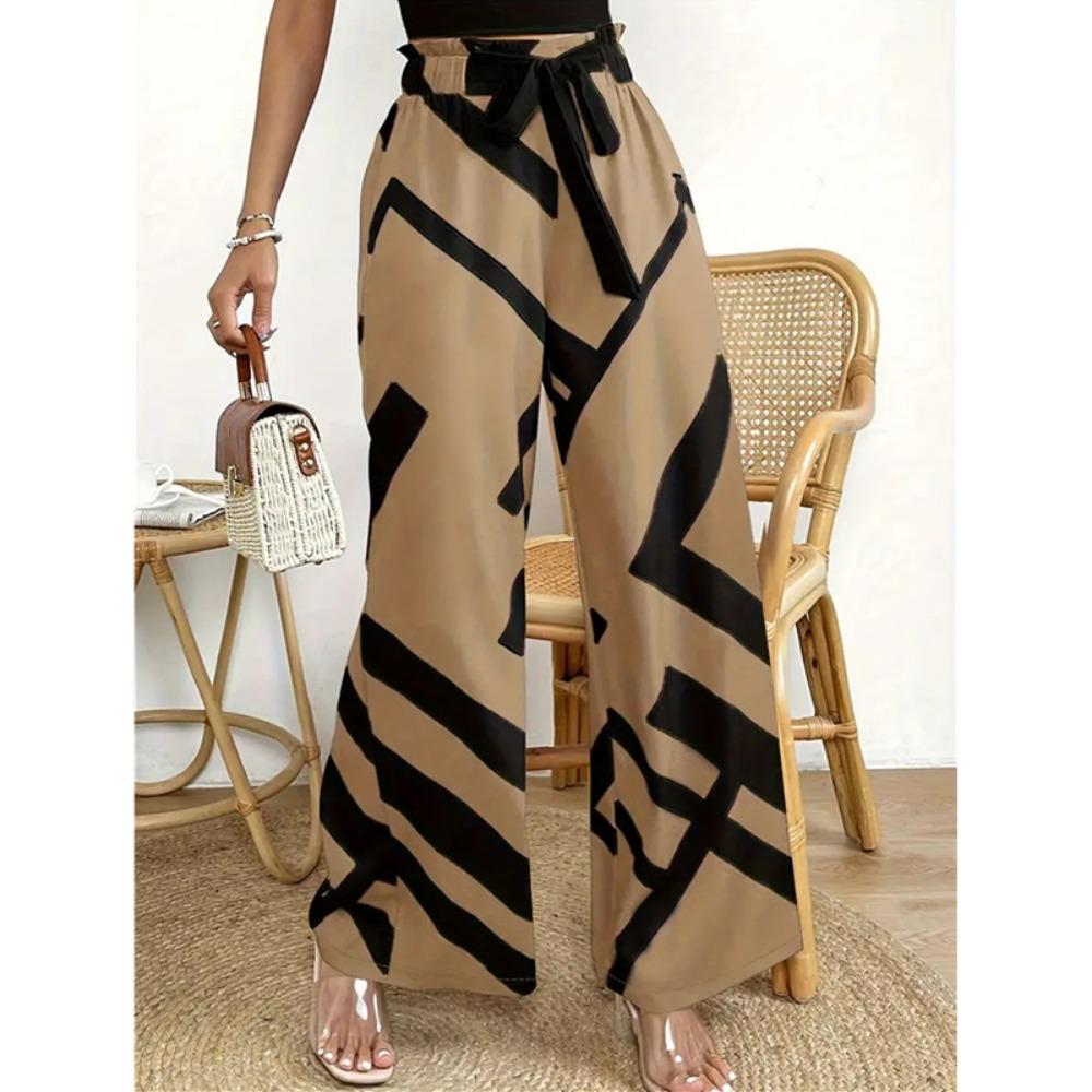 Wide Leg Pants for Women 2024 Fashion Striped Print Pantalones Spring Summer Casual Loose Lace Up Clothing