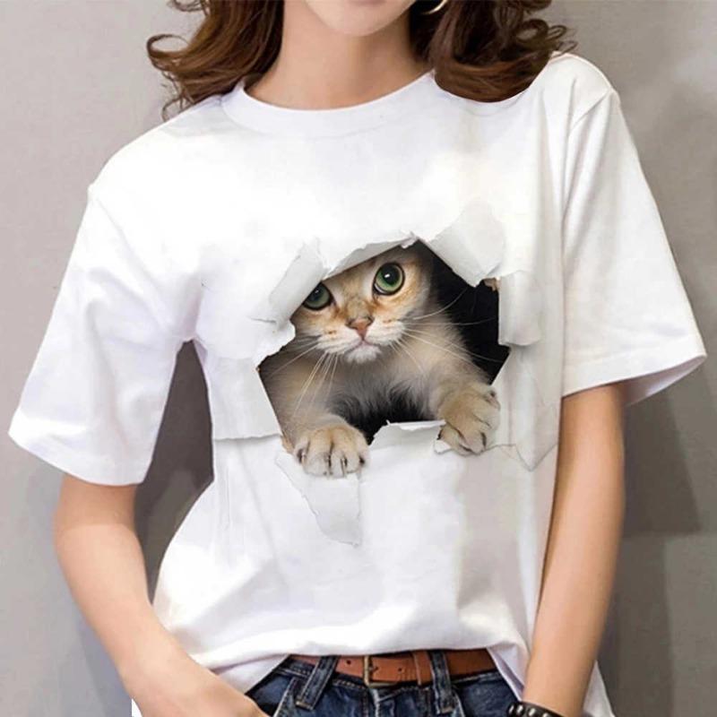 Sommer Casual Damen Top 3D Digital Tierdruck Kurzarm Rundhals T-Shirt Katze