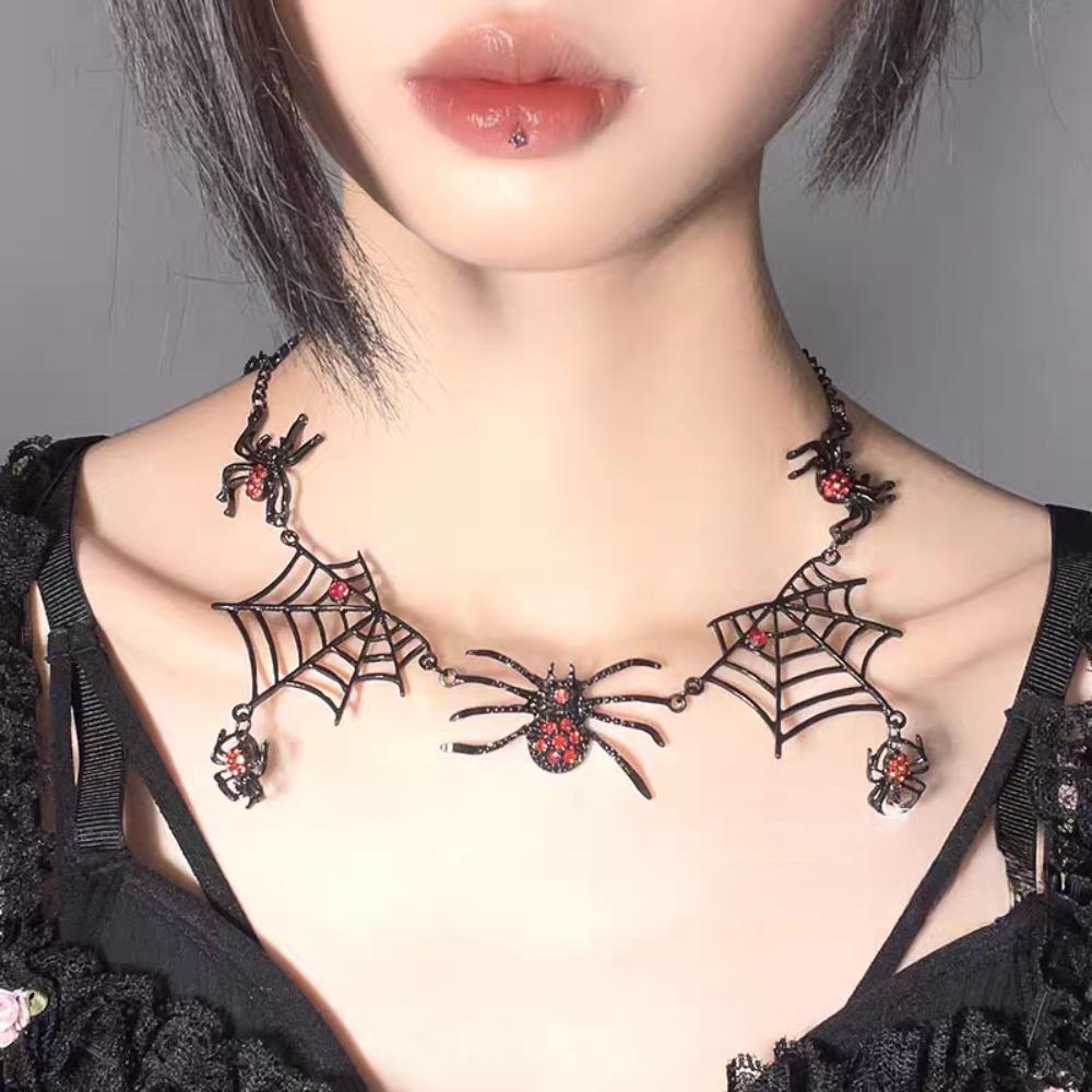 Gothic Halloween Black Spider Web Necklace Exaggerated Design Spider Clavicle Chain Hip Hop Party