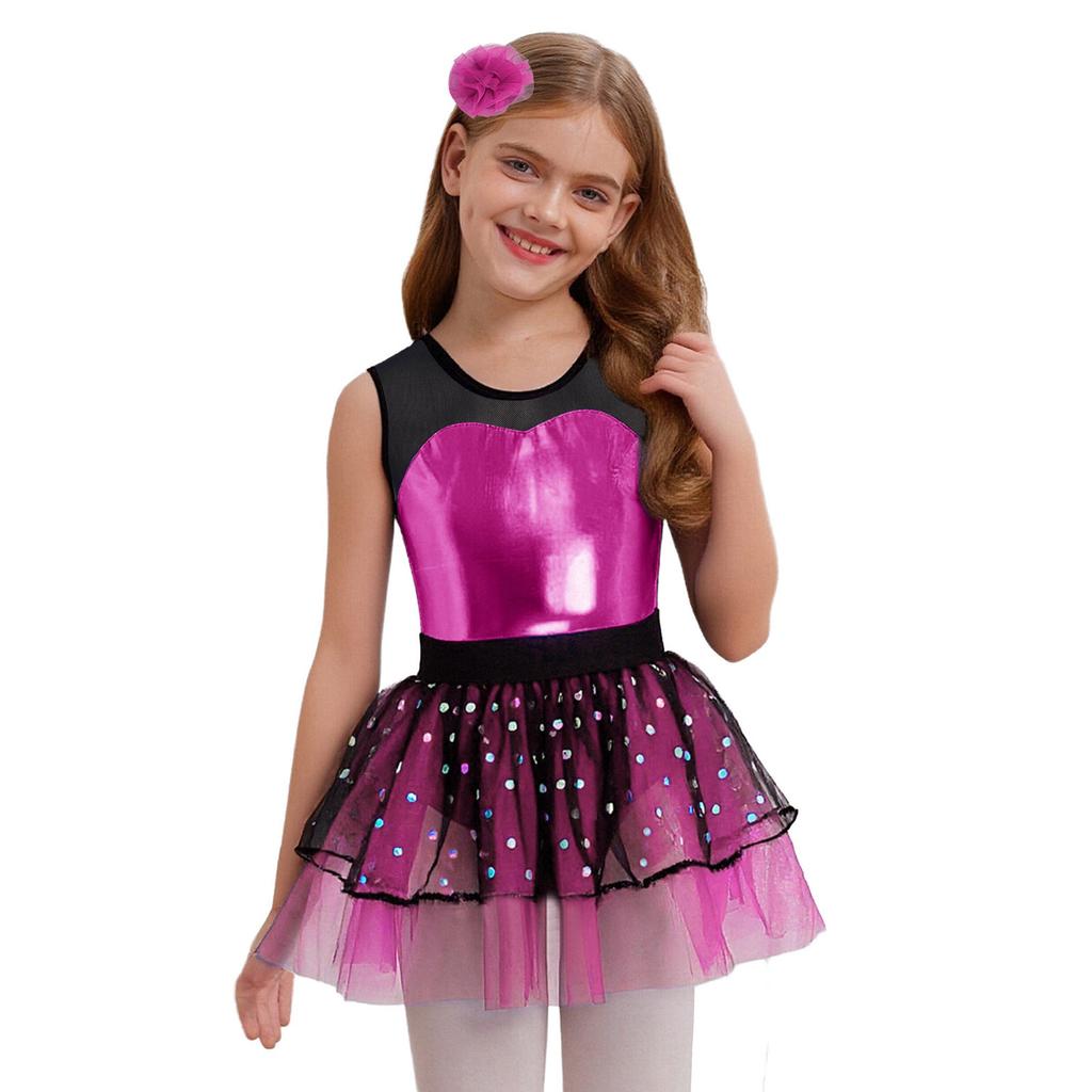 Sparkling Metallic Tutu Dress for Kids Girls: Sheer Mesh Patchwork Bodice with Tulle Skirt & Headpiece for Competition & Recital