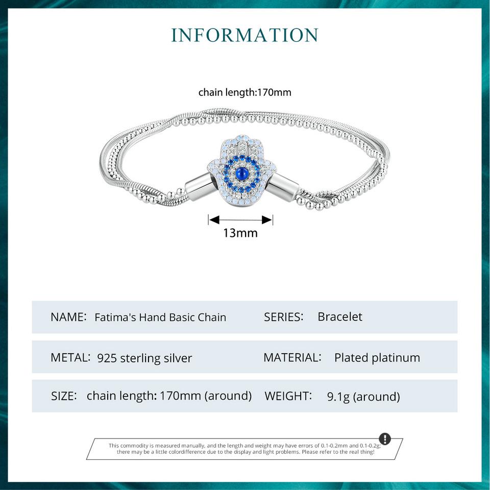 WOSTU Pulseira de corrente básica de prata esterlina 925 com mão de Fátima e corrente de cobra empilhada para mulheres, pingentes faça você mesmo, joias finas de zircônia azul