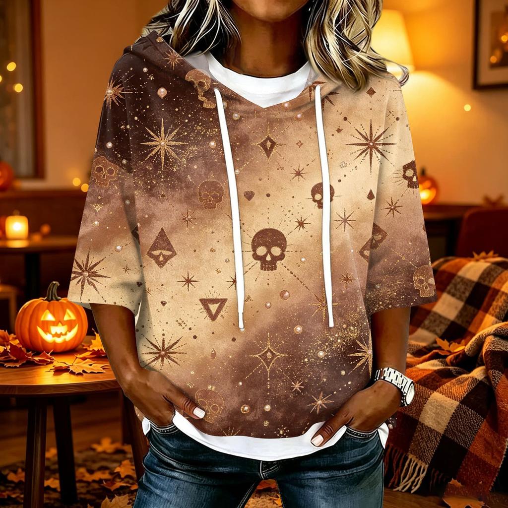 Women's Halloween Printed Hooded 3/4 Sleeve Casual Loose Fit Pullover
