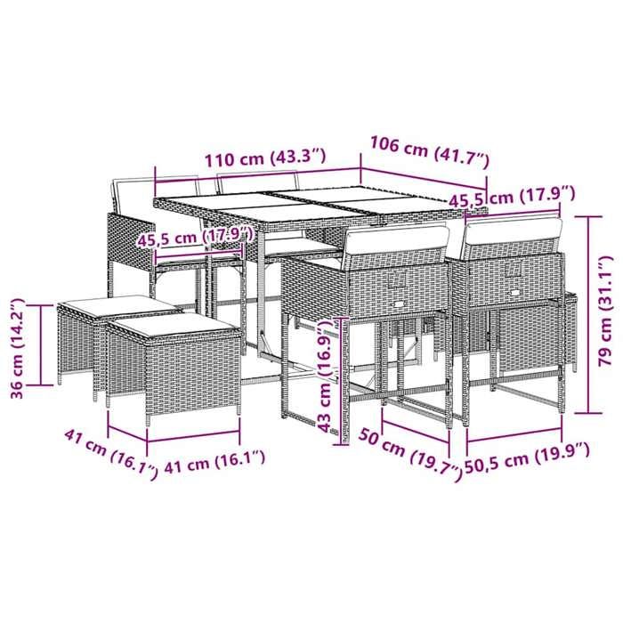 VidaXL Ensemble à Manger de Jardin avec Coussins 9 pcs, Table et Chaises à Dossier Rabattable, Meubles d'Extérieur Patio 3211316