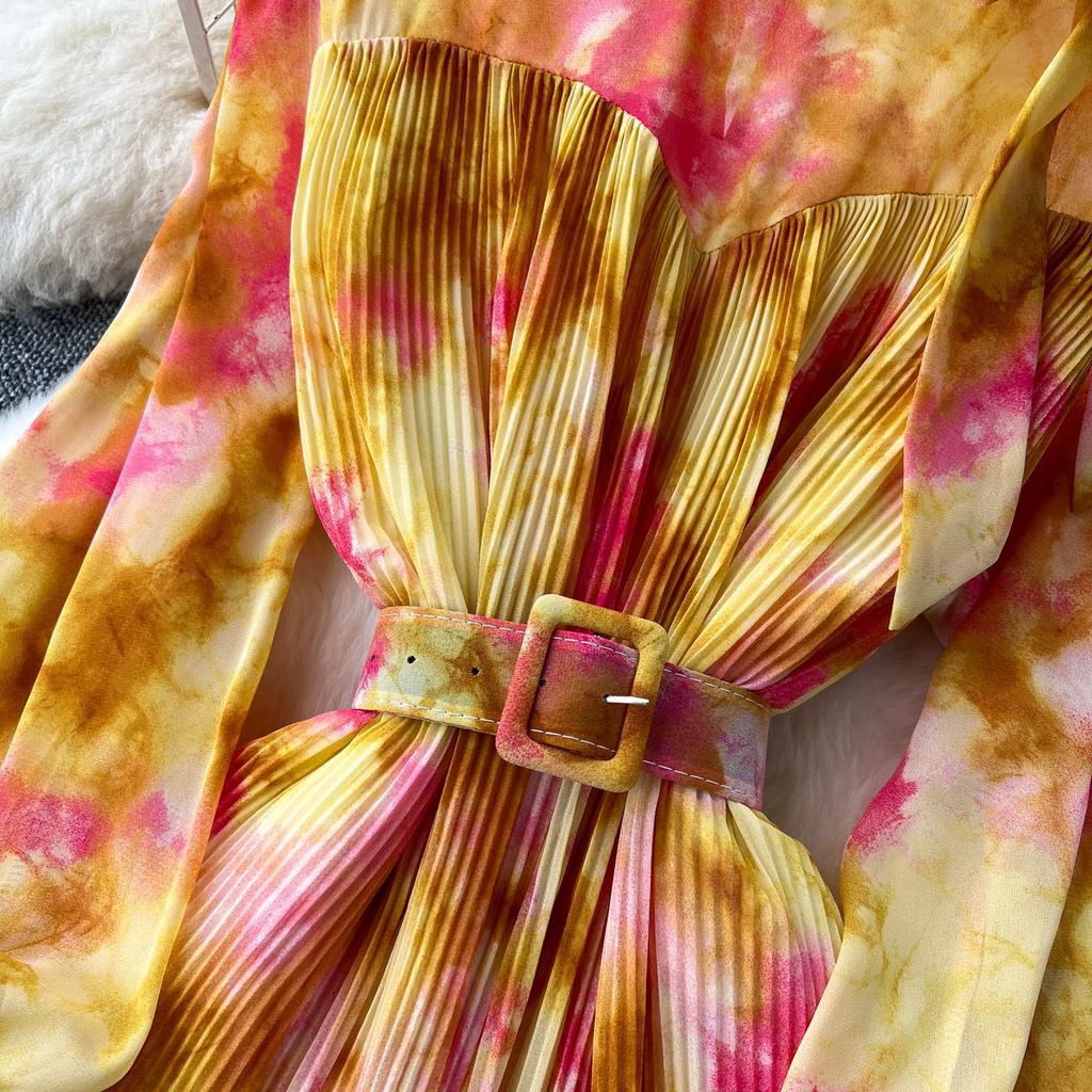 French Vintage Print Chiffon Dress Women Bow Lace-up Lantern Sleeve Elegant Loose Casual Evening Holiday Dresses