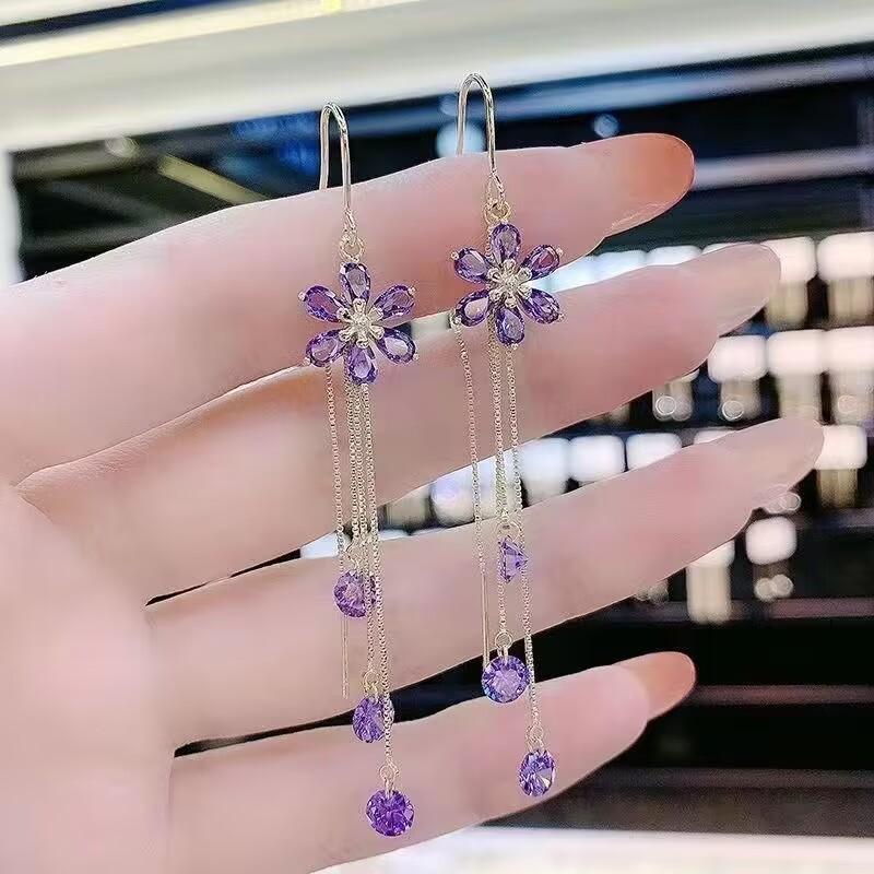 1 Pair New Purple High-end Flower Earrings, New Trendy Temperament Long Earrings, Niche Fringed Ear Line