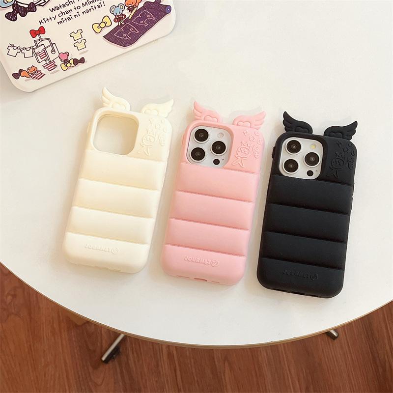 Kawaii 3D Angels Wings Bear Rabbit Cat Ears Solid Color Phone Case for iPhone 17 16 15 14 13 Pro Max Plus Soft Silicone Shockproof Protective Cover
