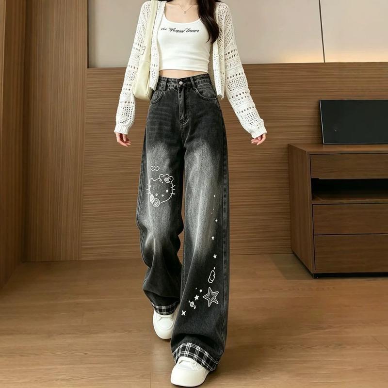 Black jeans women's autumn new cartoon print plaid lapel design loose wide-leg pants