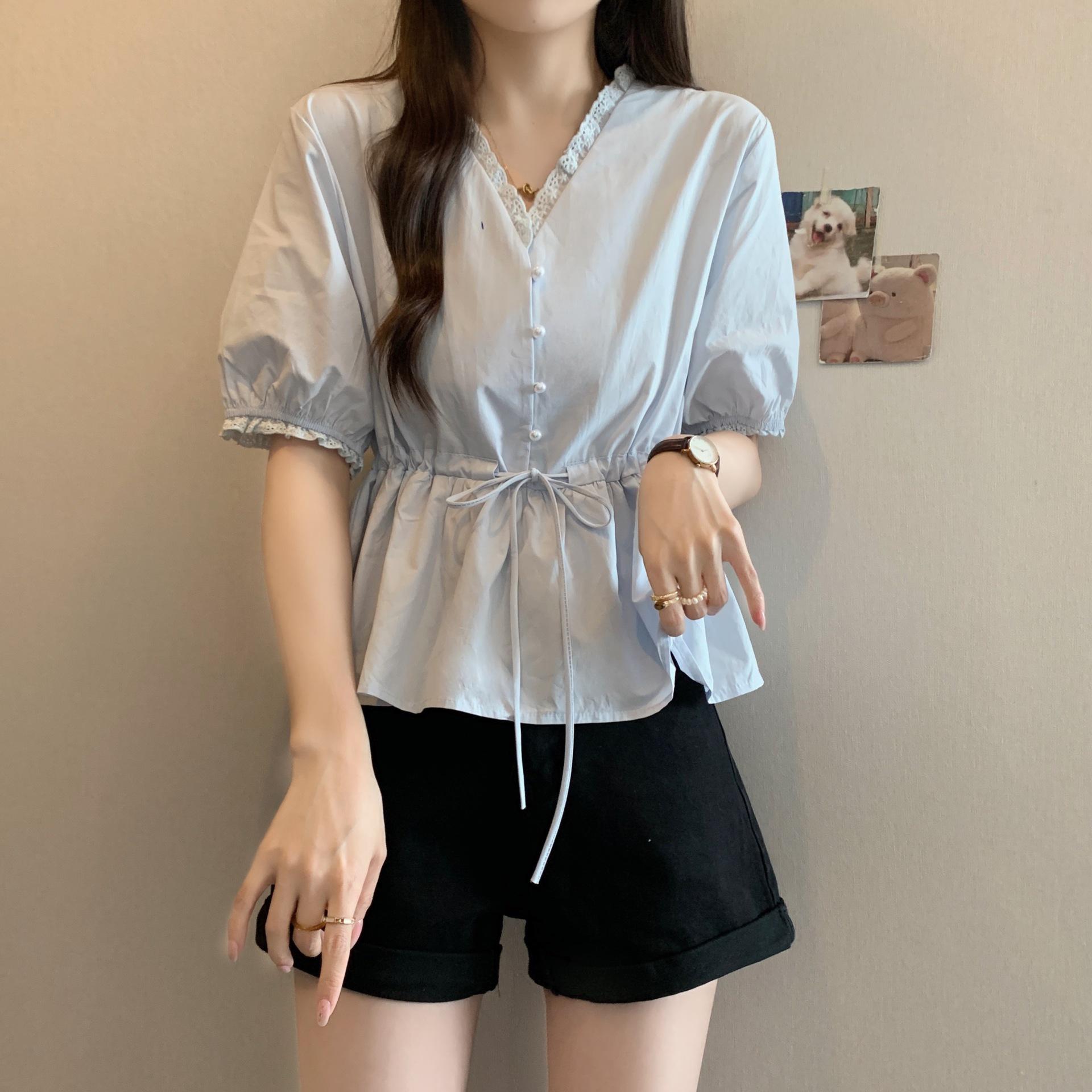 

Korean Style Plus Size Drawstring Waist Slimming Doll Shirt 3XL синий