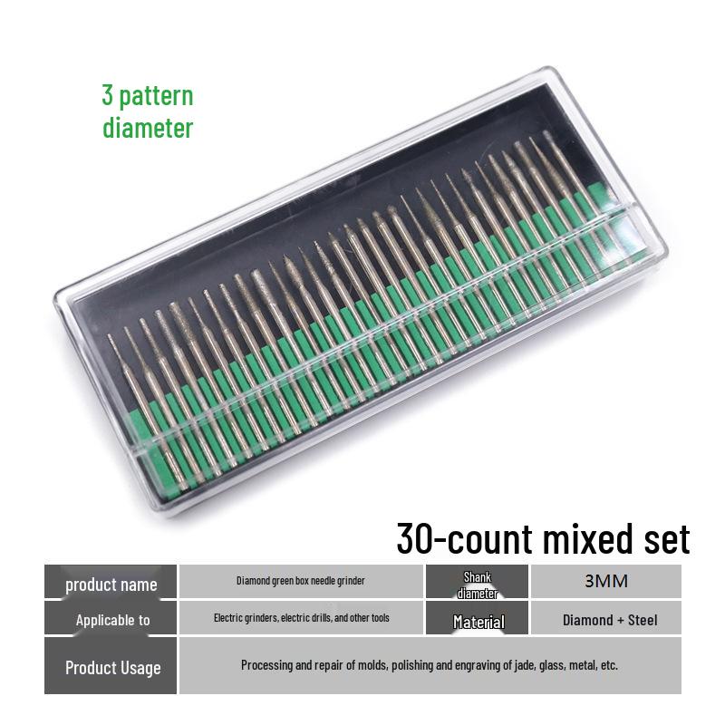 Diamond Grinding Head Set, 3mm Green Box: Cylindrical Alloy Grinding & Pneumatic Needle Heads