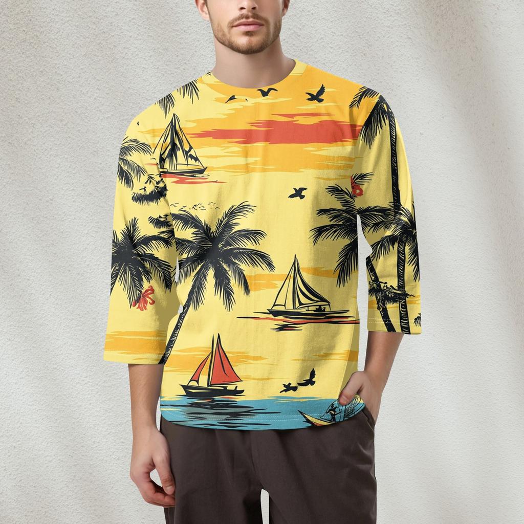 Men's Fashion Printed Round Neck 3/4 Sleeve Tops T-Shirt