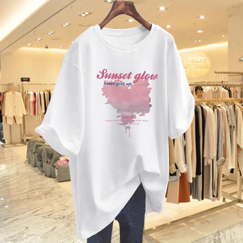 

Loose cotton alphabet short-sleeved T-shirt women s medium and long 2025 summer new large version half-sleeved top S