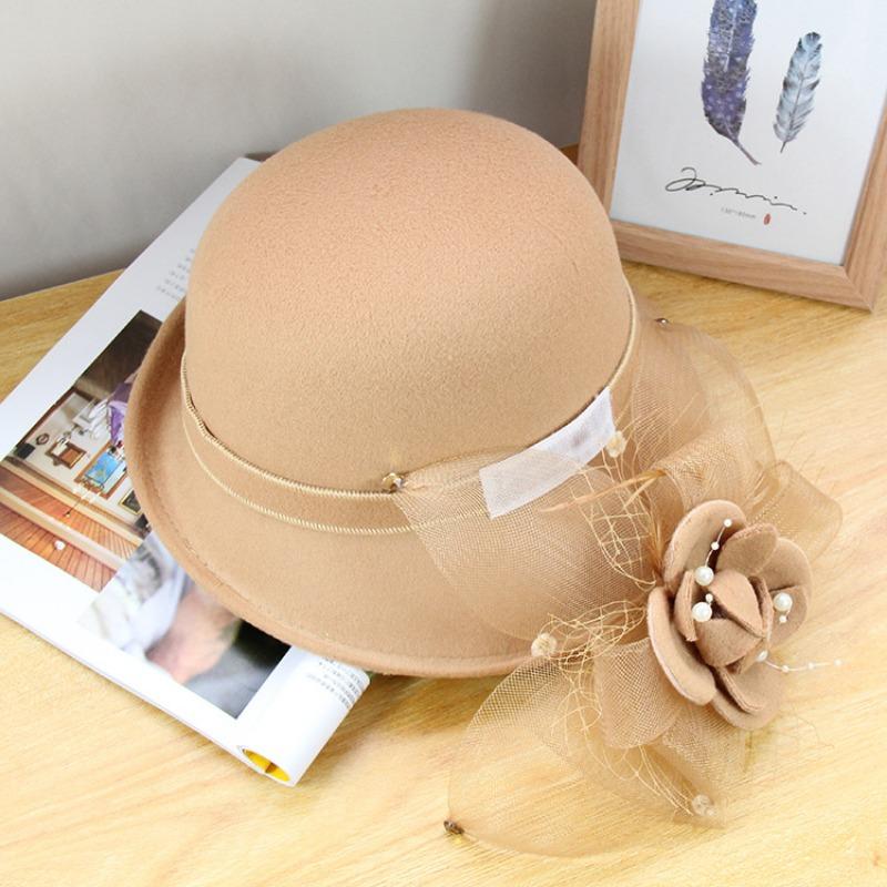 Women S Elegant Pearl Flower Half Roll Wool Bucket Hat Outdoor Fashion