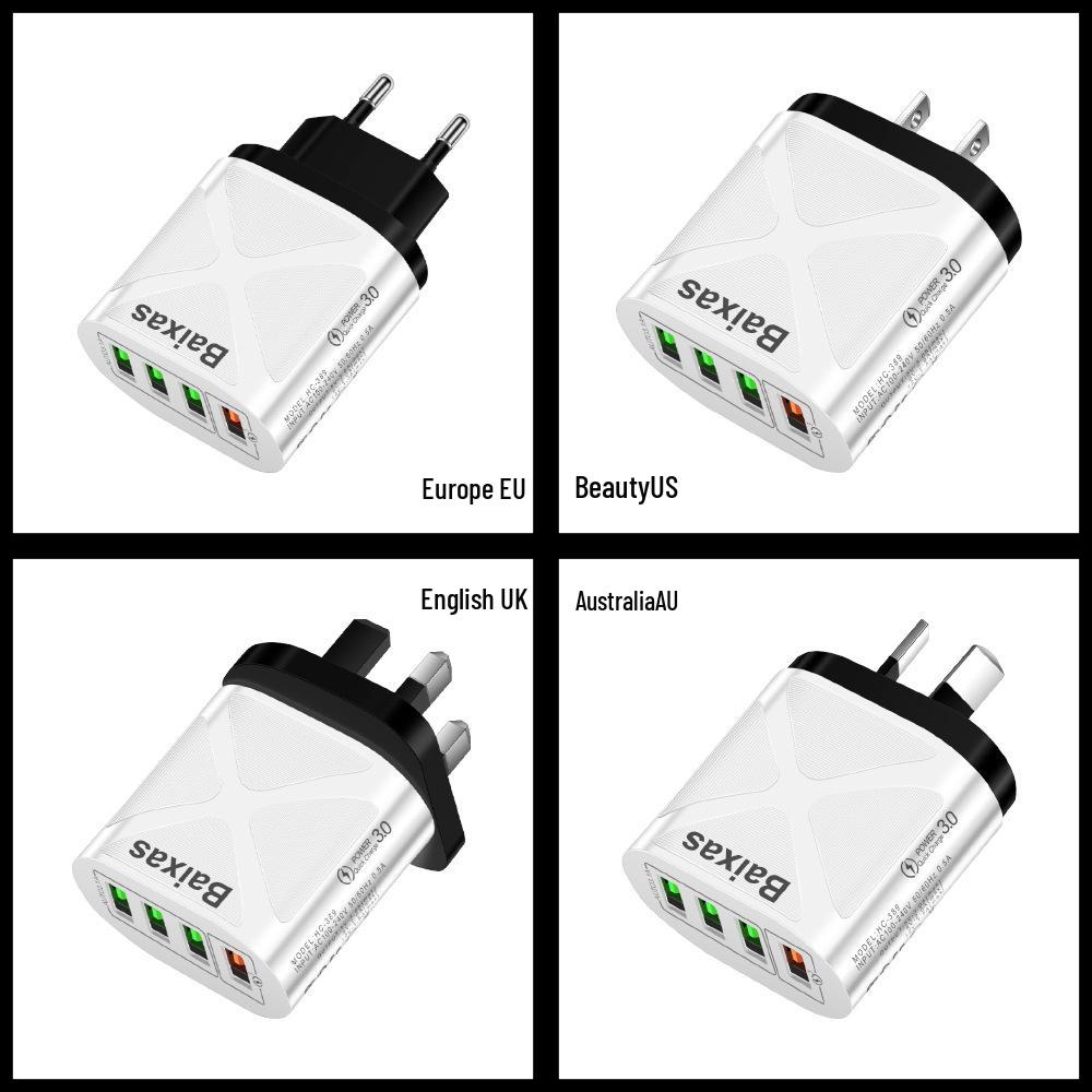 4-Port QC3.0 Universal Fast Charger: EU/US/UK/AU Standards, Multi-Voltage (5V/9V/12V) for Travel