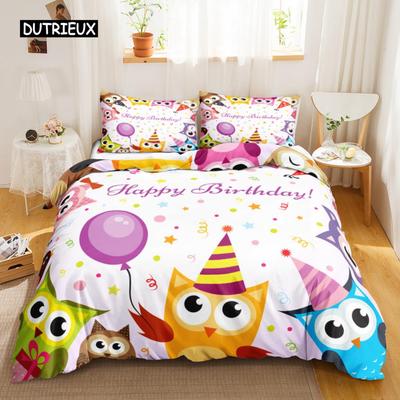 Eulen Bettbezug-Set Cartoon Bettdeckenbezug Happy Birthday Thema Bettwäsche-Set Niedlicher Vogel Polyester Steppdeckenbezug Einzelgröße für Kinder