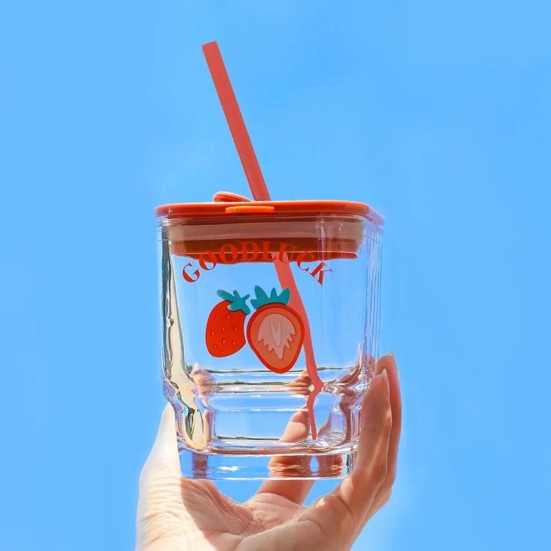 

Стеклянная квадратная чашка большой емкости новая бытовая интернет-знаменитость с крышкой чашка с соломенной кружкой чашка для воды 450ML