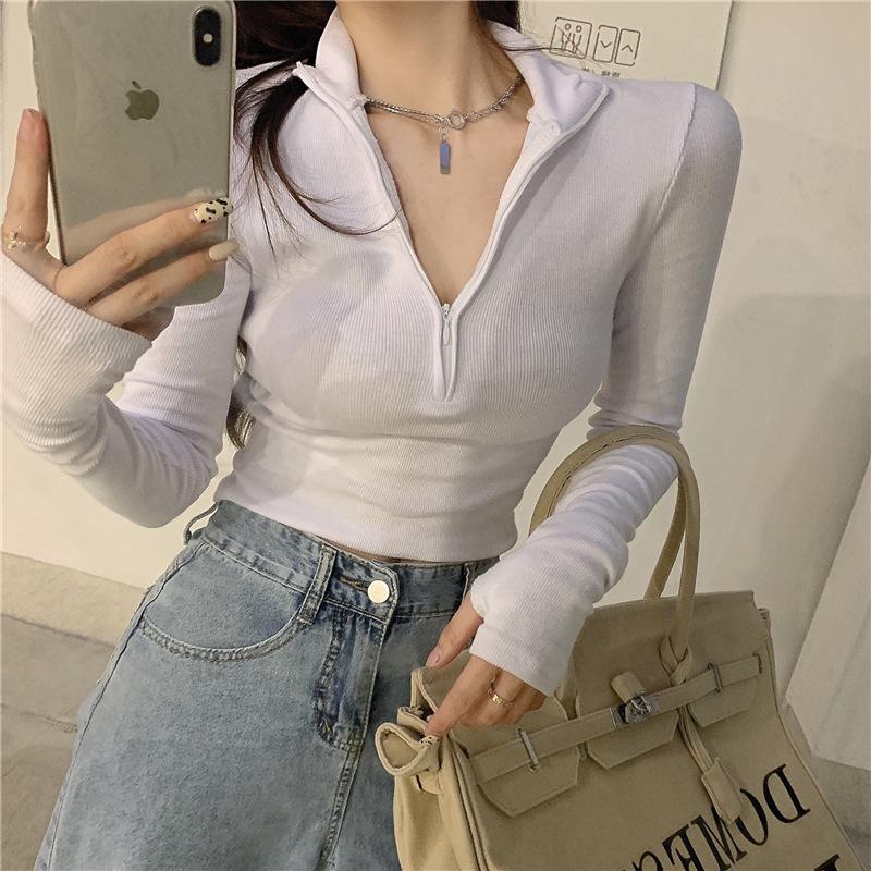Chic V-Neck Half-Zip High-Waisted Women's Autumn/Winter Top