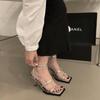 Niche one-word strap sandals heel shoes women's black thin strap open toe summer 2025 new square head thin heel women's sandals