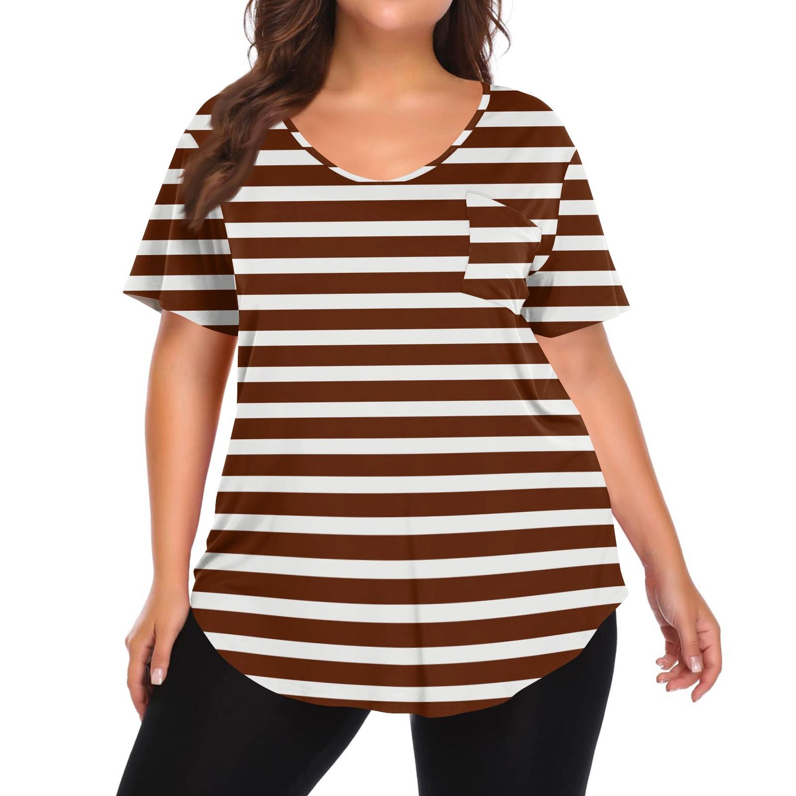 

Women s Casual Stripe Printed Large Size V-Neck Top Loose Pocket T-Shirt XXXXL коричневий