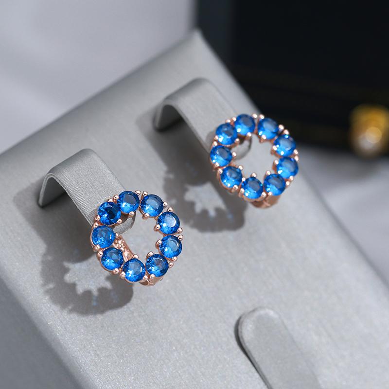 Blue Natural Zircon English Earrings For Women Trendy  Rose Gold Color Simple Round Shape Romantic Daily Jewelry