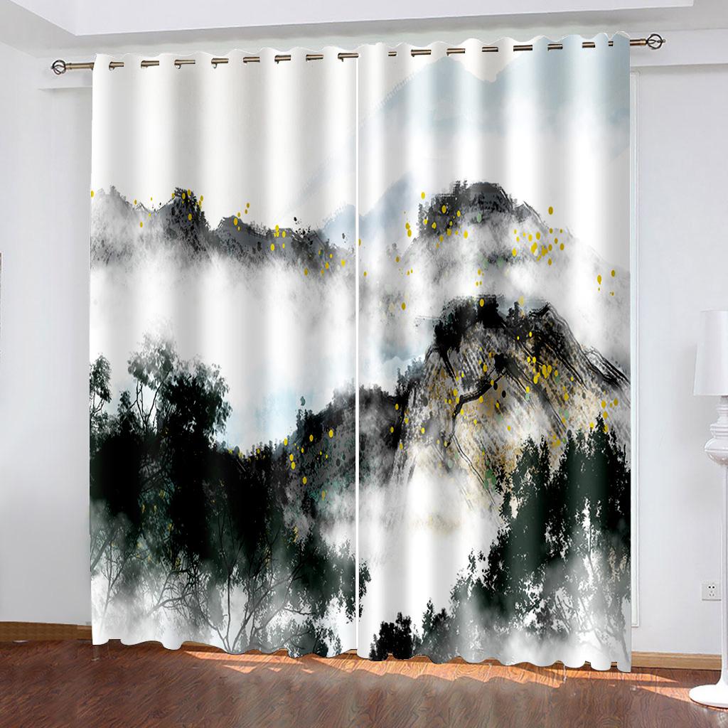 3D Chinese Style Ink Painting Series Luxury Home Sunshade Curtains 2 Pieces of Living Room Bedroom Decoration Hook Punch