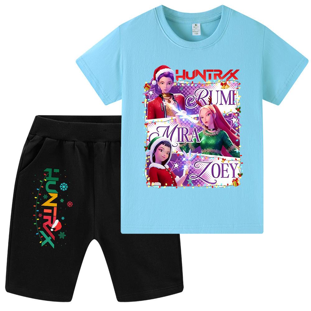 WA1265 Kids Boys Girls Kpop Rumi Zoey Mira Christmas Print Short Sleeves T-shirt Shorts Pants Sets