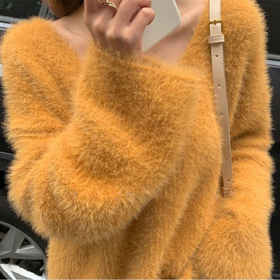 Damen Herbst Schulterfreier V-Ausschnitt Pullover – Sanft, Locker, Langärmiges Weißes Strickoberteil