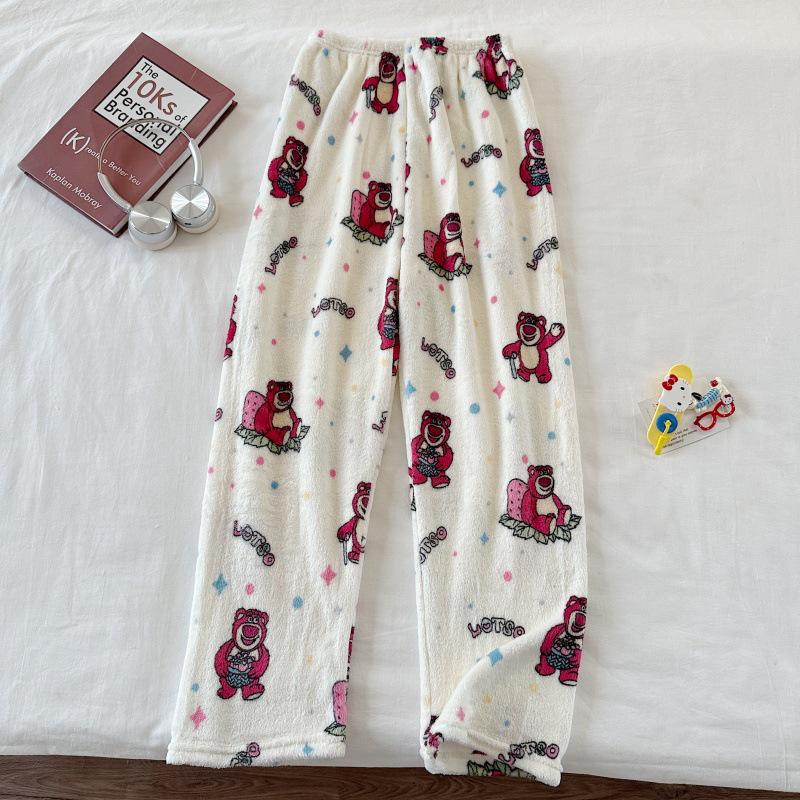 Hello Kitty Coral Fleece-Lined Flannel Pajama Pants for Women - Warm Autumn/Winter Style