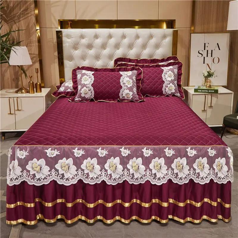 Fustă de pat din dantelă din bumbac în stil european Antiderapant Ximengsi Husă de pat husă groasă de o singură bucată Set de trei piese