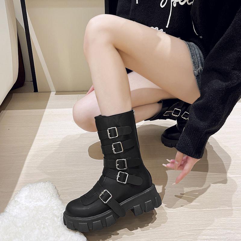 Fashion Spring Autumn Black Round Toe Platform Half High Boots for Women Chic and Elegant 2025 New Height Increase Mid Calf Shoes Woman