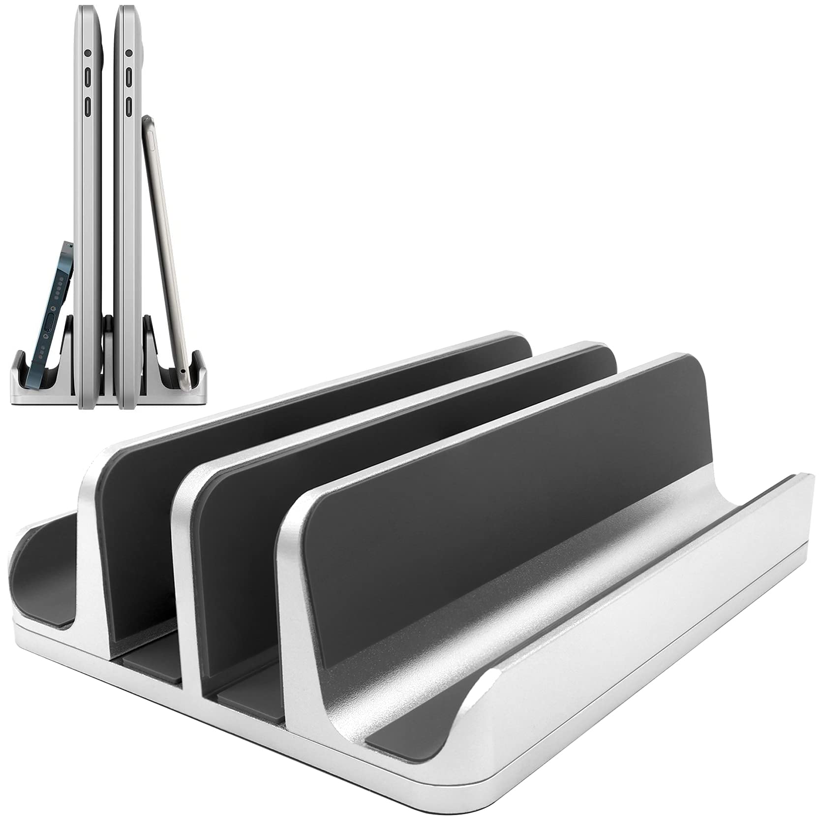 

new Adjustable width aluminum laptop stand Vertical placement cooling function Compatible with MacBook and Surface for stability Space-saving, design серебряный