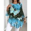 Women's Fashion Plus Size Elegant Round Neck Butterfly Print Hem Asymmetric Three Quarter Sleeve Top, Suitable for All Seasons