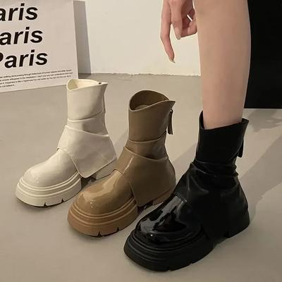 Damen Weiches Leder Chelsea Boots Damen Herbst Winter Stiefeletten Eckige Zehenpartie Flache Schuhe Plateauschuhe Mode Damen Kurze Hosen Stiefel