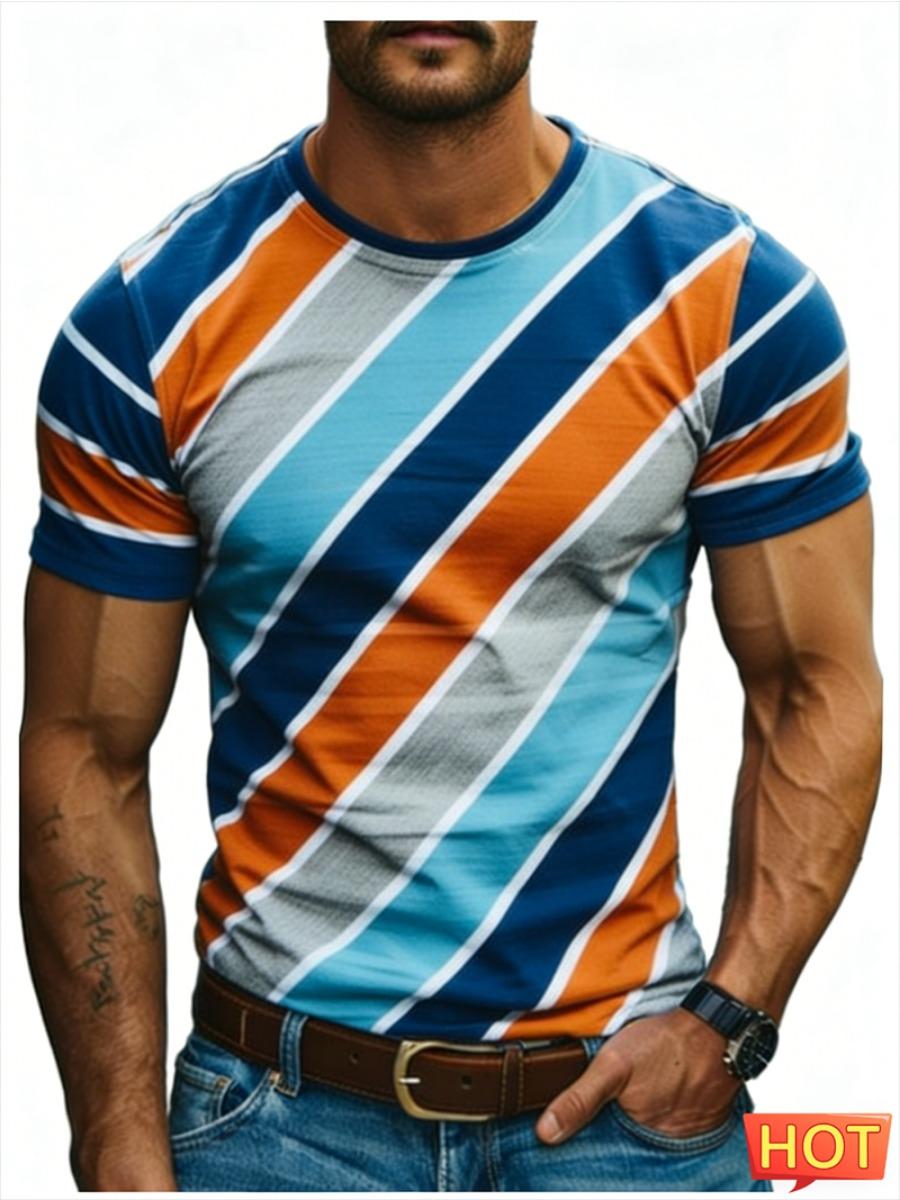 

Simple Fashion Mens Striped T Shirts Summer Short Sleeve 3D Printed Crew Neck T-shirts Loose Breathable Tops 6XL