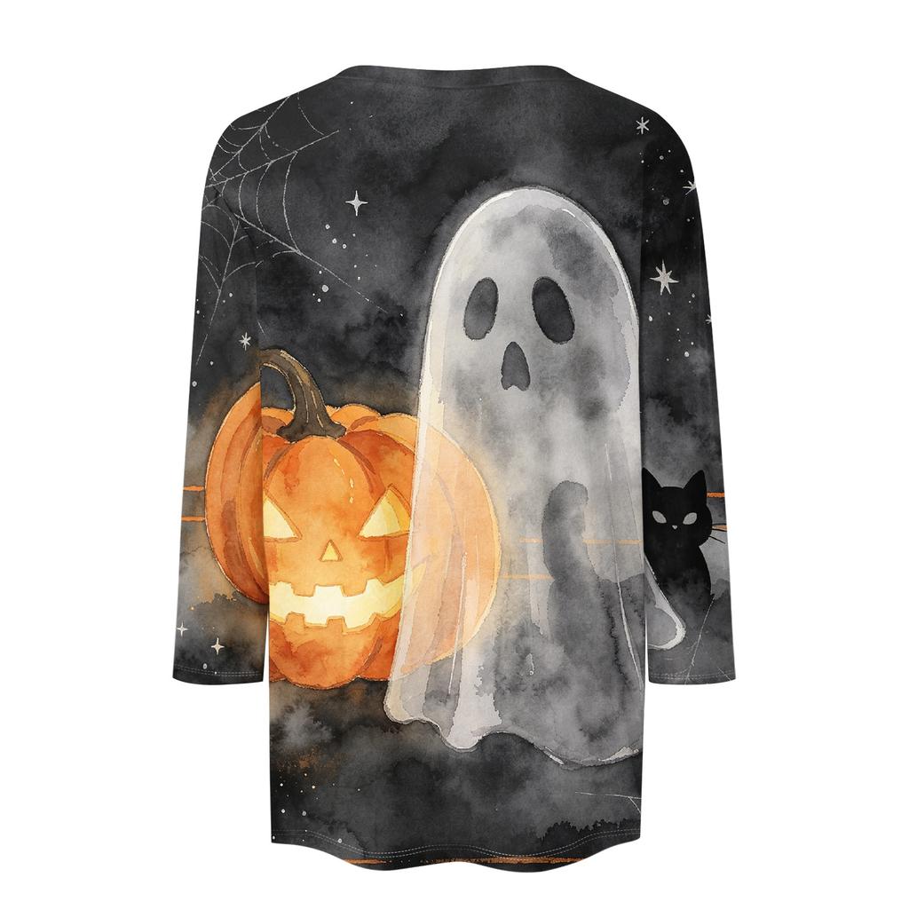 Women's Halloween Print Casual Neck Three-Quarter Sleeve Top for Holiday Party and Daily Wear