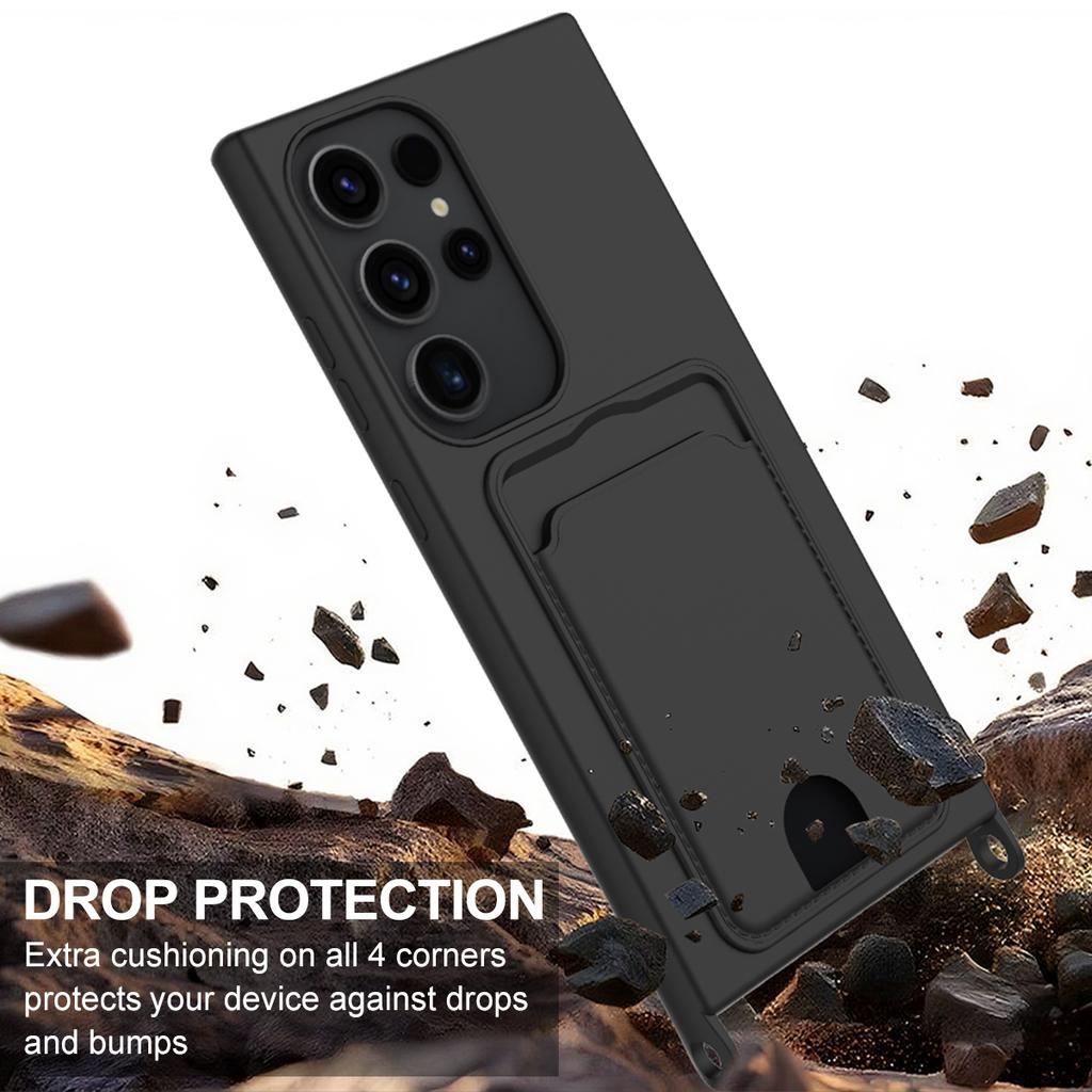For Samsung Galaxy S23 Ultra Liquid Silicone Case Phone Back Cover with Card Holder and Short Strap