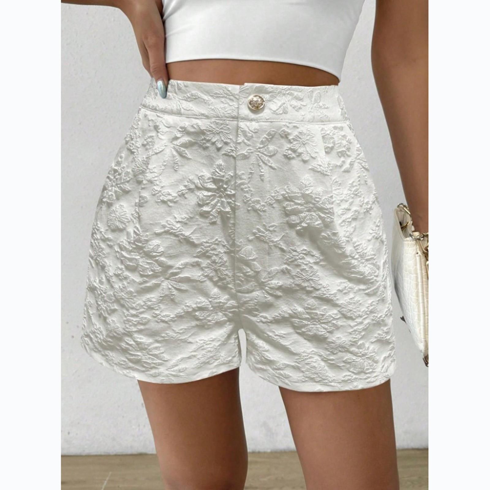 

Жіночі шорти прямого крою з еластичною талією середньої посадки, модні штани, джинсові шорти, жіночі шорти, мереживні штани, шорти на ґудзиках XL білий
