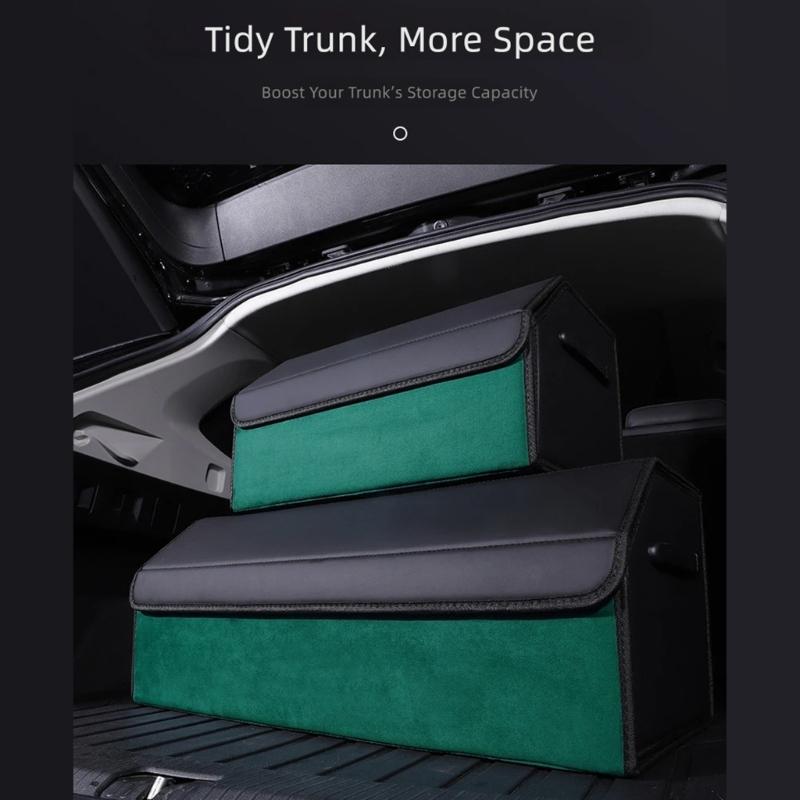 Vehicle Trunk Cargo Bin Leather-Look Foldable Storage Box with Divider, Lid, and Side Handles for Groceries and Tools