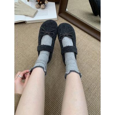 Bow Gray Fluffy Shoes Winter Wear New Velvet Single Shoes Flat Warm Mary Jane Doudou Shoes