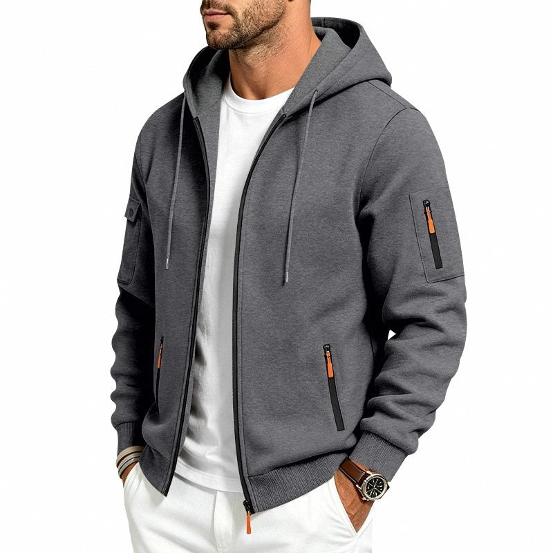 Men's Solid Zip‑Up Hooded Sweatshirt Casual Drawstring Hoodie Jacket Long Sleeve Arm Pocket Sports Outerwear for Male