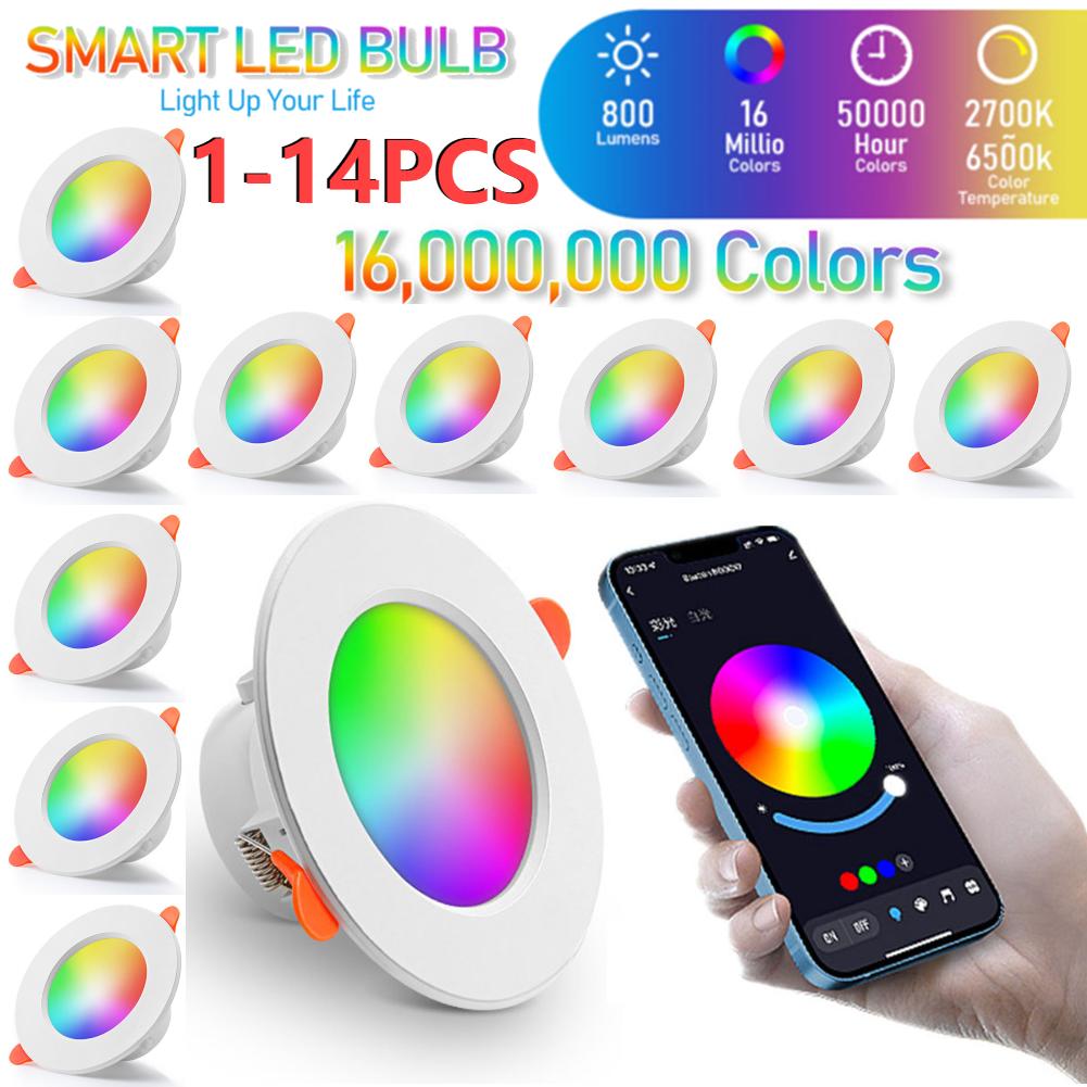 1-14PCS 10W Smart LED Downlight Bluetooth-Compatible Recessed Ceiling Lamp Dimmable Round Panel Light for Home Living Room Decor