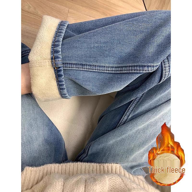 

Женские зимние джинсы 2025 года в корейском ретро-стиле с флисовой подкладкой и широкими штанинами S for 80-90 jin