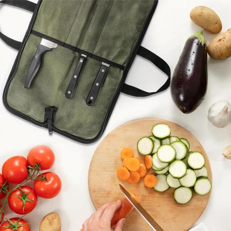 Professional Chef Knife Storage Bag Canvas Portable Handheld Knife Case with Zipper Waterproof Outdoor Picnic Camp BBQ Kitchen