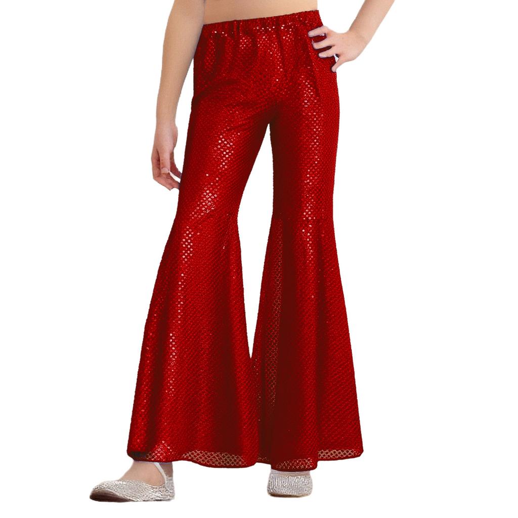 Mädchen Hip Hop Jazz Tanzkostüm Glitzernde Pailletten Schlaghosen Elastischer Bund Glockenhosen