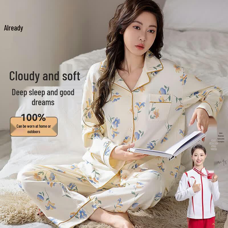 Women s Pure Cotton Long-Sleeve Lapel Pajama Set L
