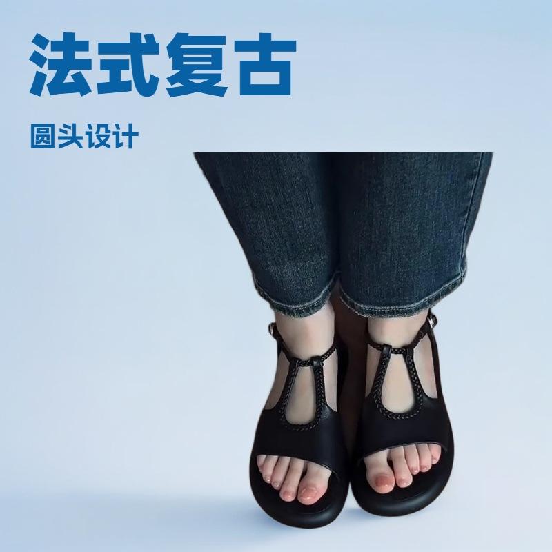 Sheepskin version~ niche design fashionable soft-soled sandals femininity elegant versatile woven one-word buckle Roman shoes