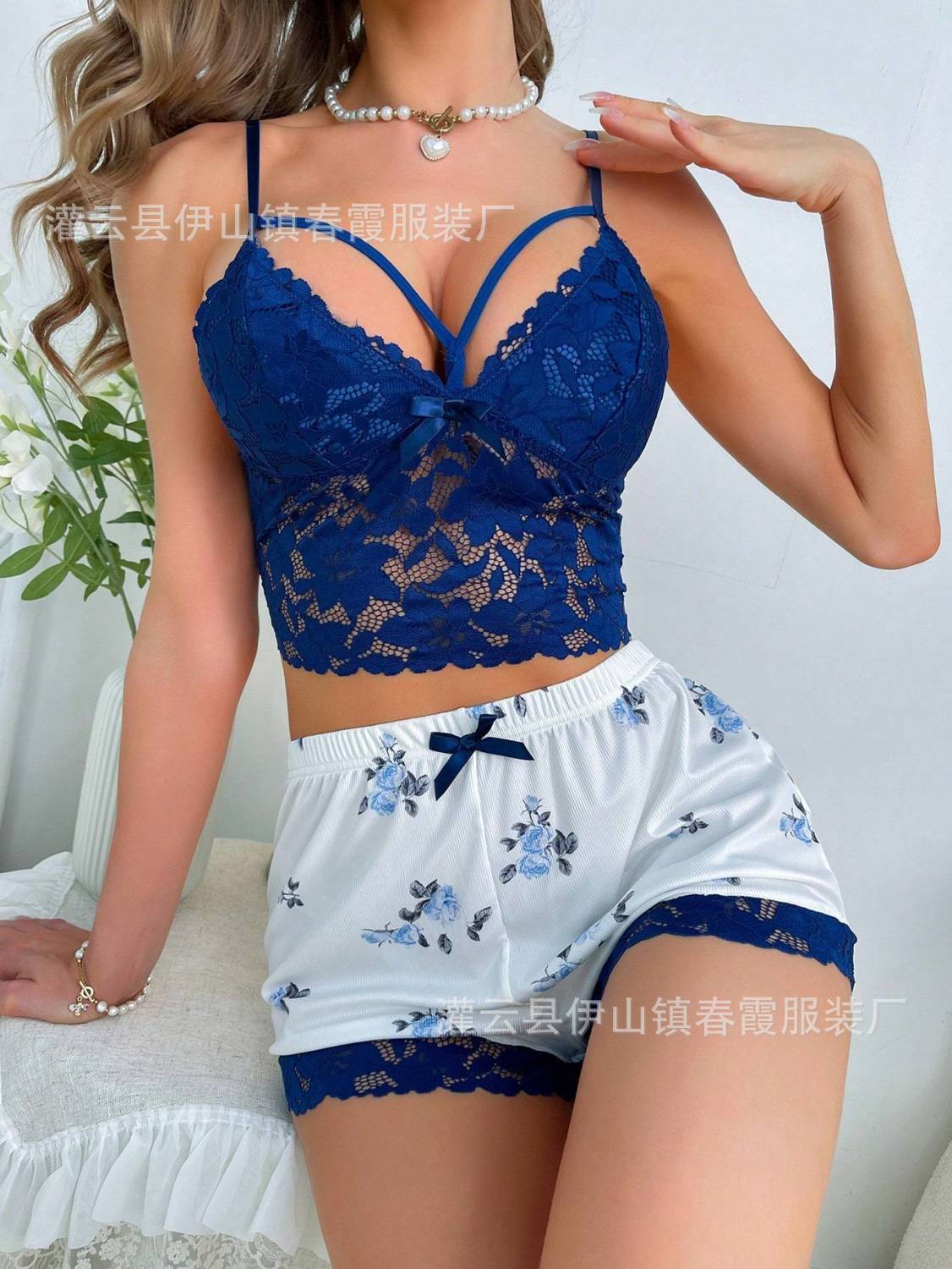 European and American new suspender lace vest top lace shorts pajama set female source S тёмно-синий
