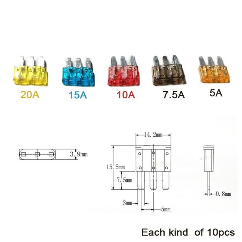 50Pcs/Set Fuse 3 Pins Automotive Car Fuse for Ford Focus Mondeo Dodge 5A 7.5A 10A 15A 20A