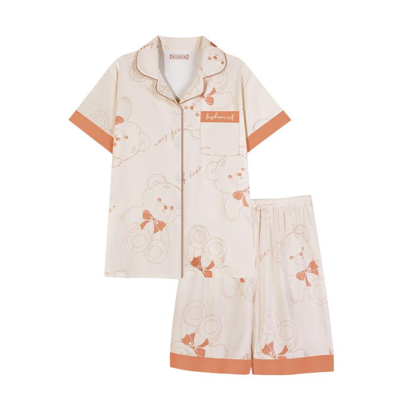 Can Wear Pajamas Women's Summer Cute Cartoon Bear Cotton Short-sleeved Cardigan Loungewear Women's Suit
