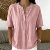 Pink V-Neck Short Sleeve Loose Fit Blouse with Buttons