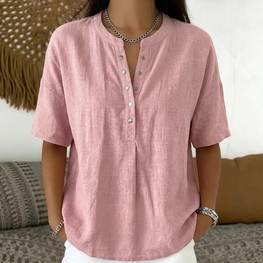 Pink V-Neck Short Sleeve Loose Fit Blouse with Buttons